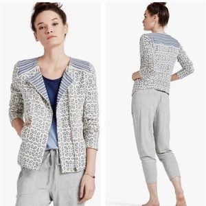 Lucky Brand Zip Jacket Cream Blue Ivory Dimaond Striped Fringe size Xsmall